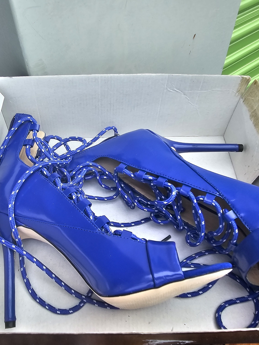 GX by Gwen Stefani Electric Blue Patent Lace-Up Stiletto Sandals